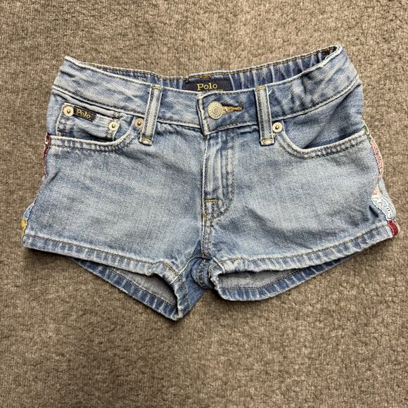 Polo Ralph Lauren Jean Shorts Girls Small 7 Blue Logo Panels Adjustable Cotton - Picture 1 of 6